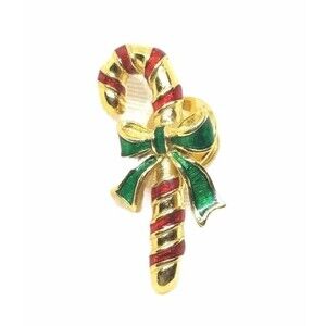 Avon Candy Cane Christmas Holiday Lapel Pin Brooch Red Gold Green Vintage